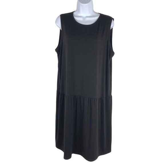 Eileen Fisher Round Neck Mini Dress Large Sleeveless Stretch Jersey Black‎ NWT - Picture 1 of 9
